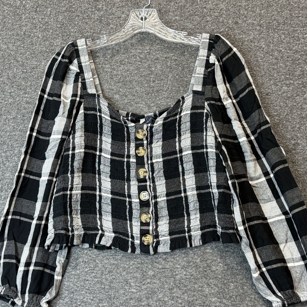 American Eagle Smocked Crop Ruffle Top Sz Large Black White Plaid Coquette Boho